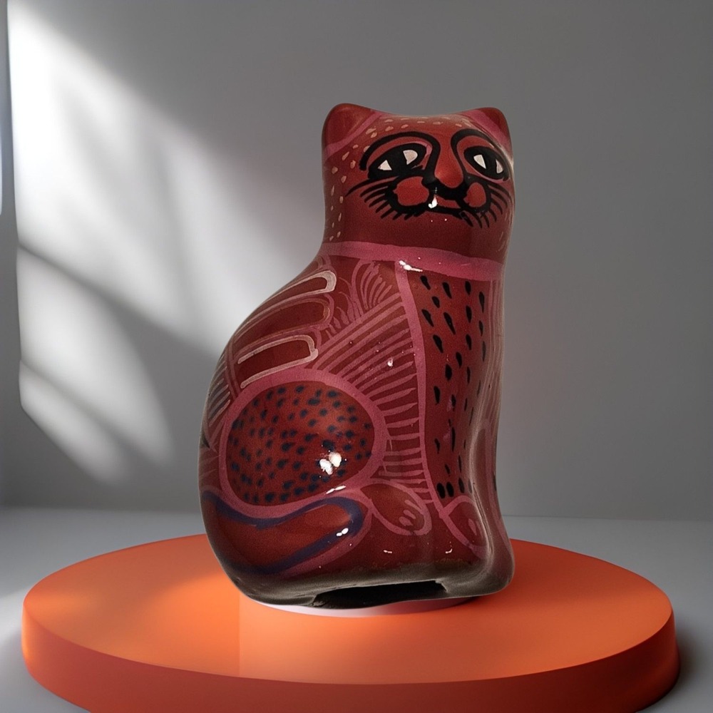 Folk Art 3.5" Cat With Bird Hand Painted Mexico Red Pink Ceramic Figurine
